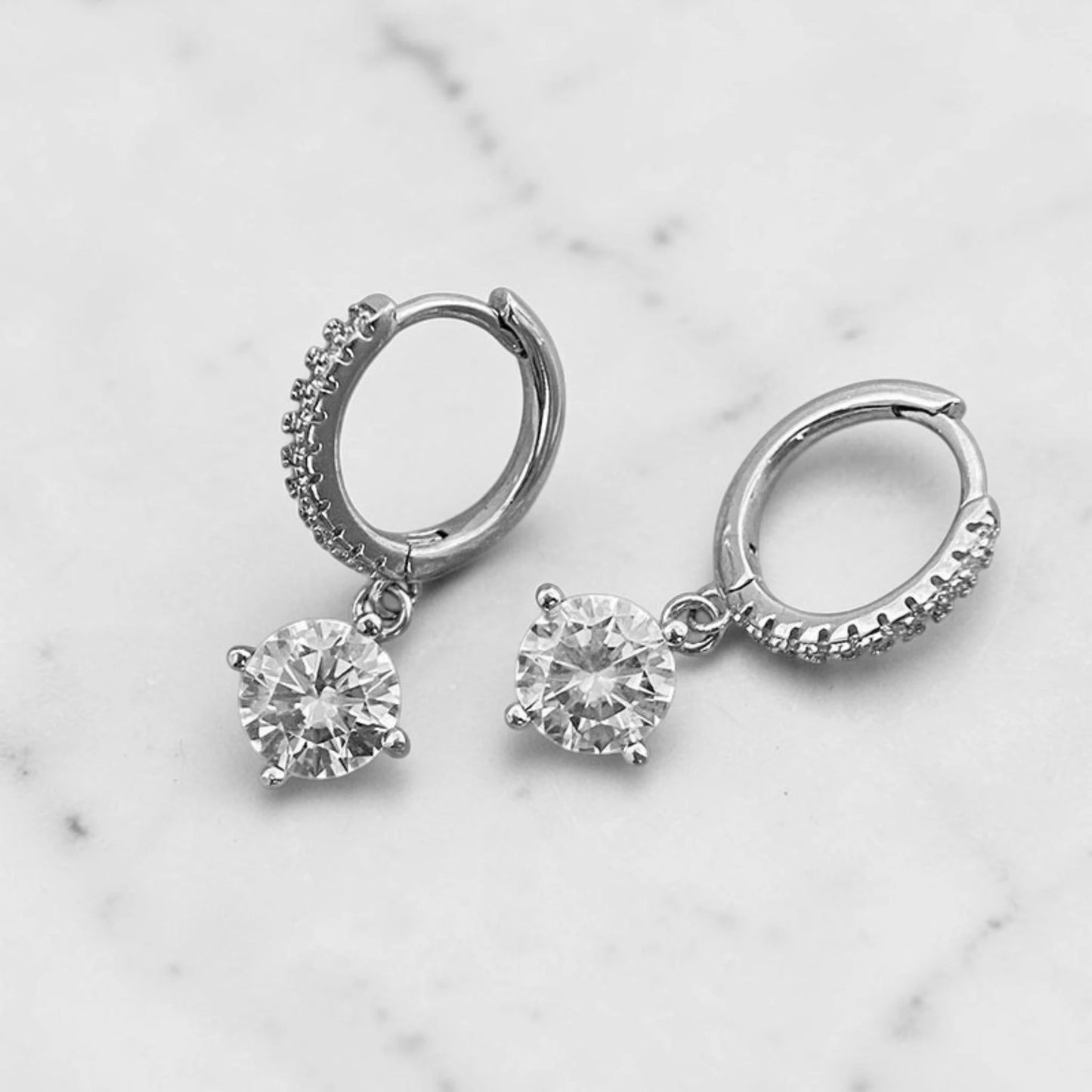 Aurae Moissanite Four-Prong Drop Hoop Earrings S925 Sterling Silver detail close-up shot