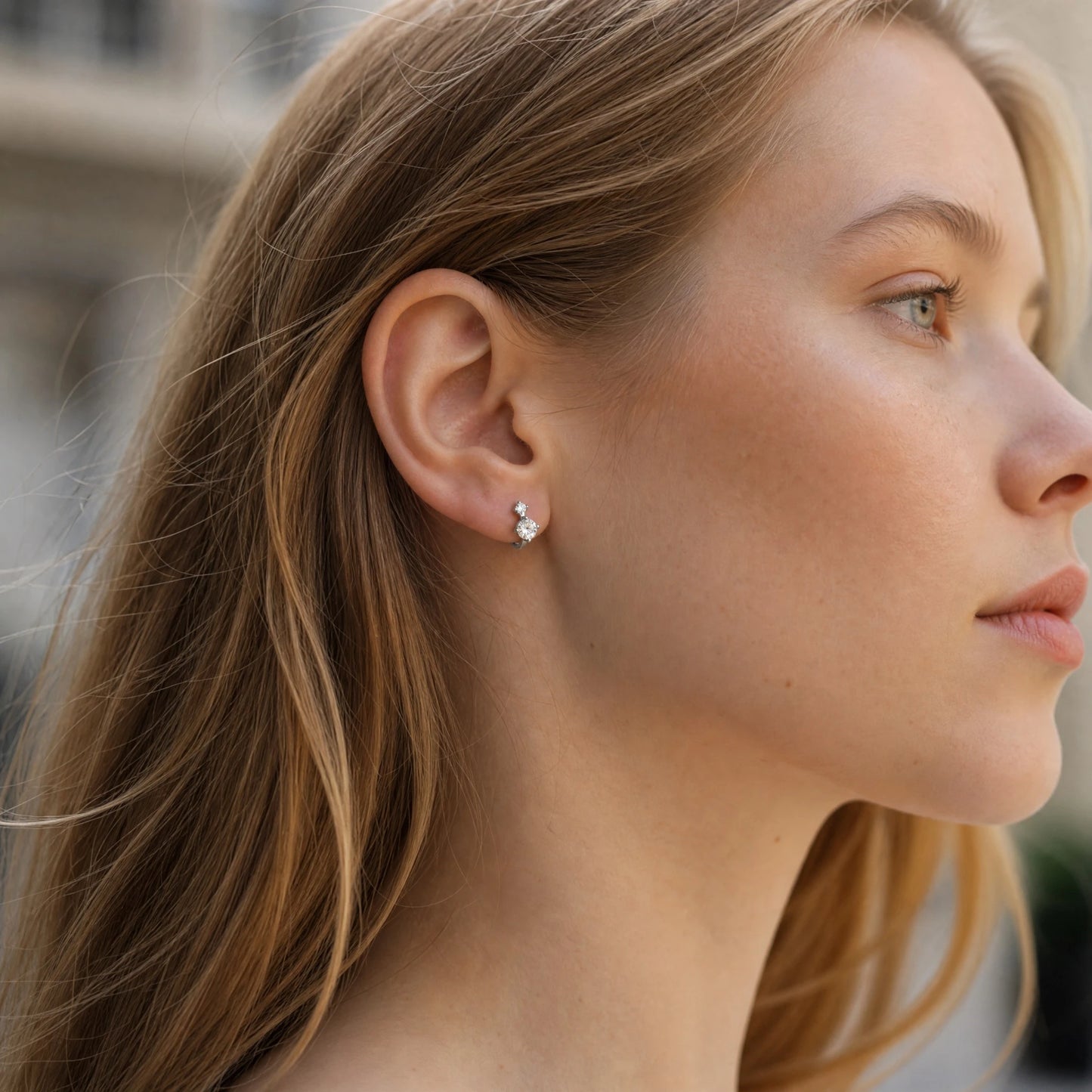 Aurae Moissanite Two-Stone Round Hoop Earrings S925 Sterling Silver D VVS1 lifestyle worn shot