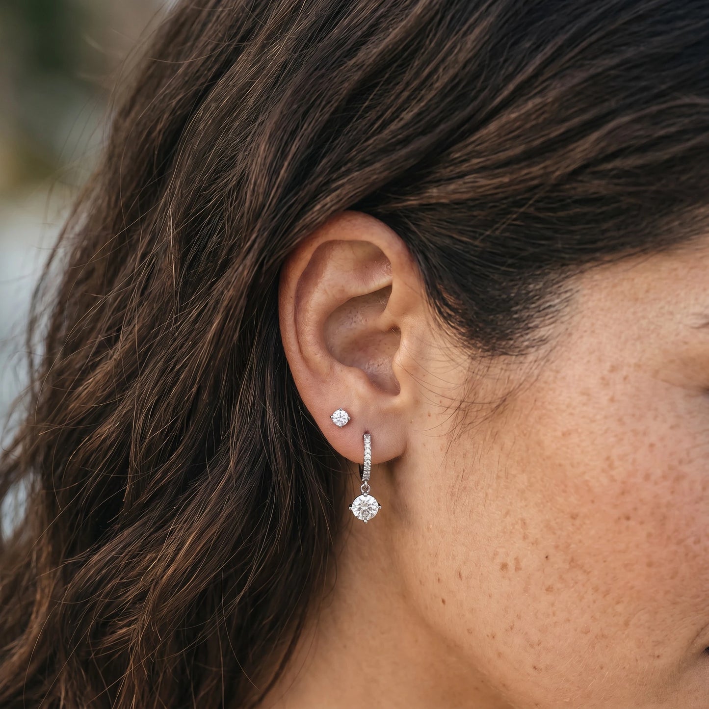 Aurae Moissanite Four-Prong Drop Hoop Earrings S925 Sterling Silver side angle view
