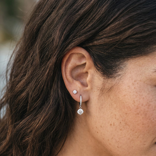 Aurae Moissanite Four-Prong Drop Hoop Earrings S925 Sterling Silver side angle view