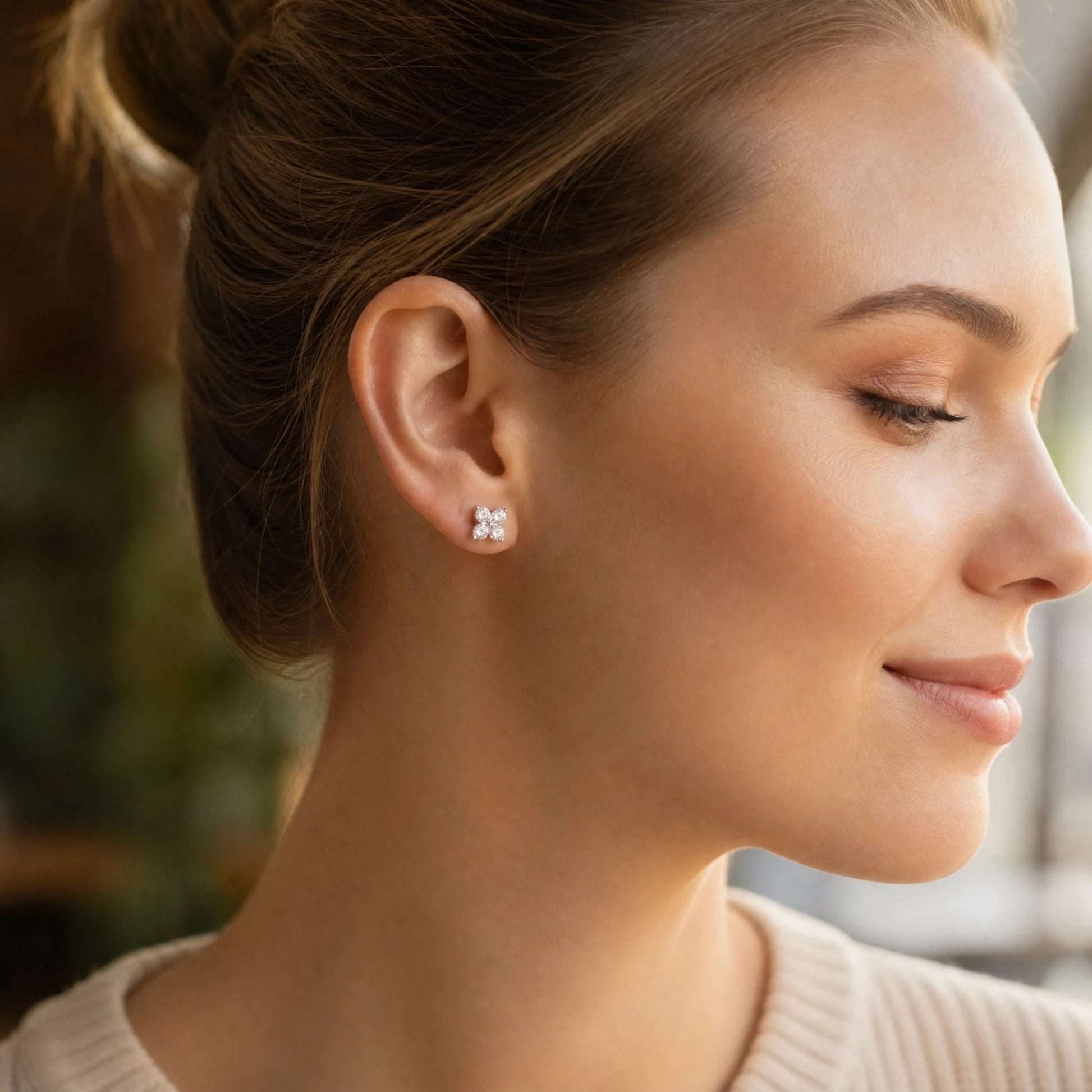 Aurae Moissanite Clover Stud Earrings S925 Sterling Silver Hypoallergenic lifestyle worn shot