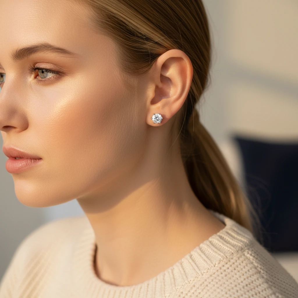 Aurae Moissanite Classic Six-Prong Solitaire Stud Earrings S925 Sterling Silver worn on ear model shot