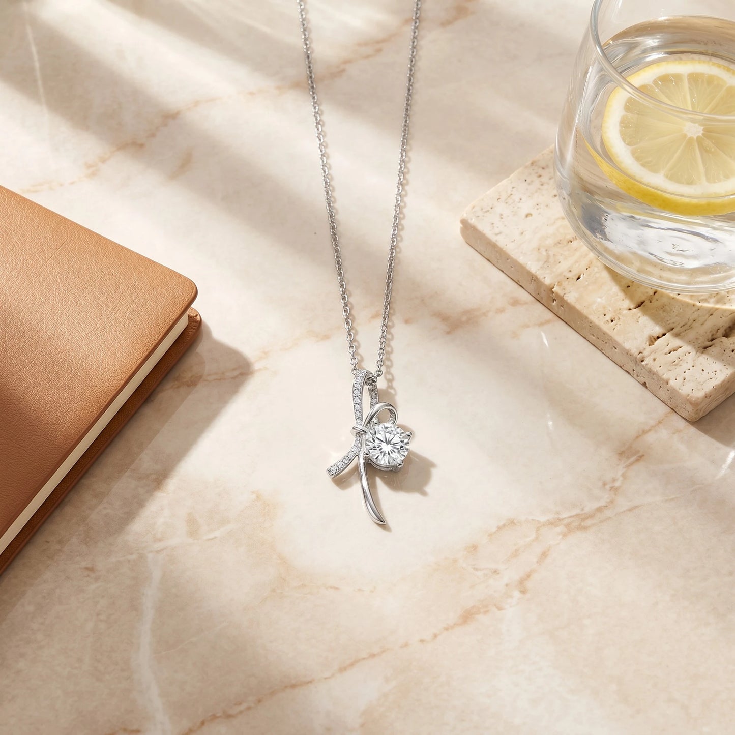 Moissanite Elegant Bowknot Ribbon Pendant Necklace