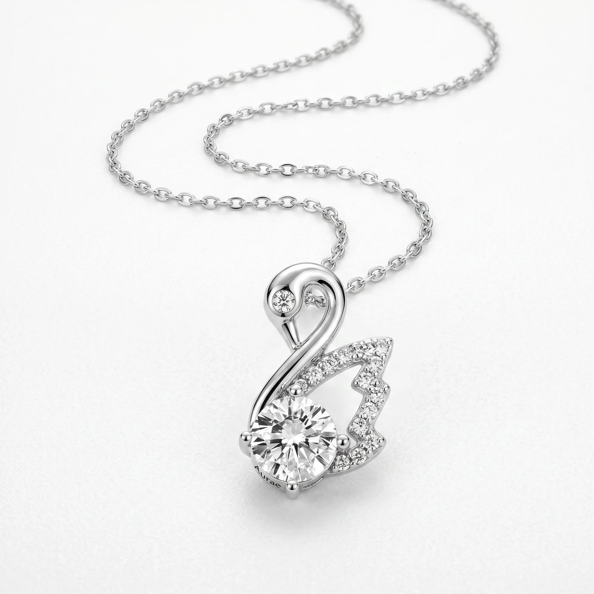 Aurae 1ct Moissanite Swan Pendant Necklace S925 Sterling Silver D VVS1 detail close-up shot